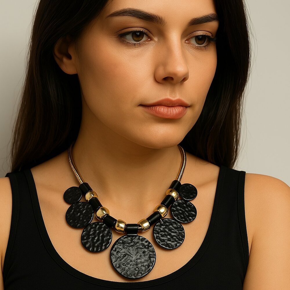 Erica Lyons Hammered Black Disc Necklace in Gold Tone – Bold Statement Style 18"